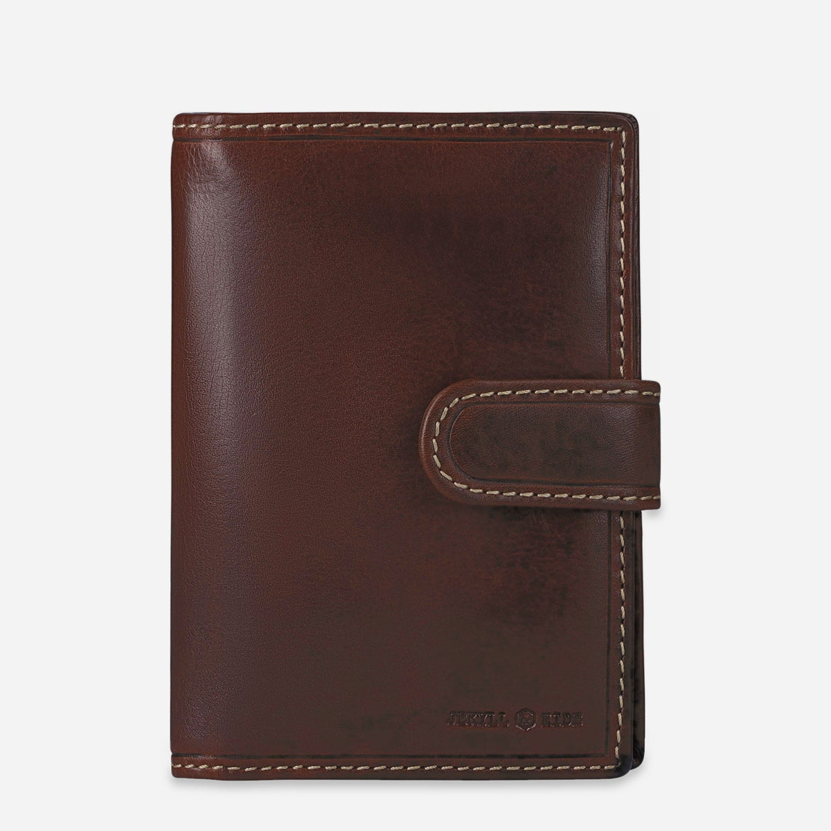 Jekyll & Hide Passport Wallet in Mocha brown leather, front view with tab closure and contrast stitching