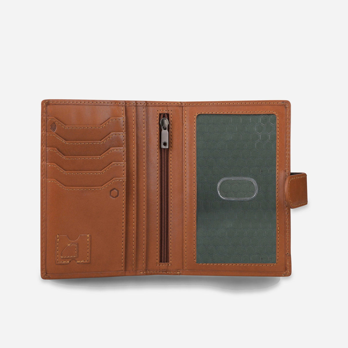 Tan leather Passport Wallet open, showing card slots, a zip pocket and passport sleeve