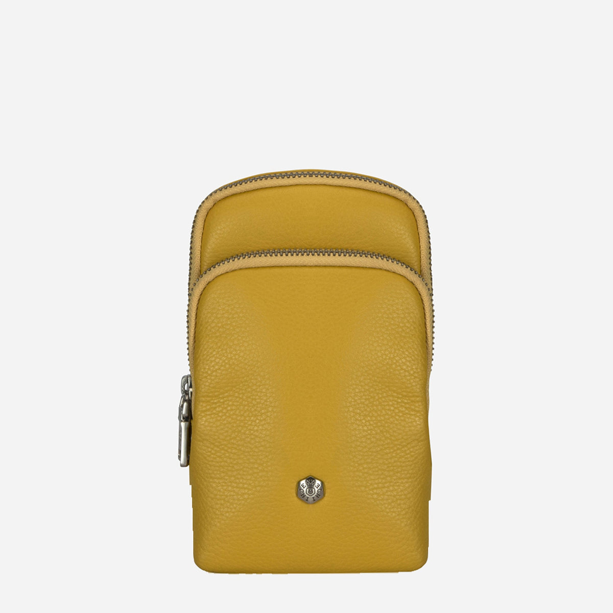 Jekyll & Hide Sling Bag in yellow leather, front view with zip pocket