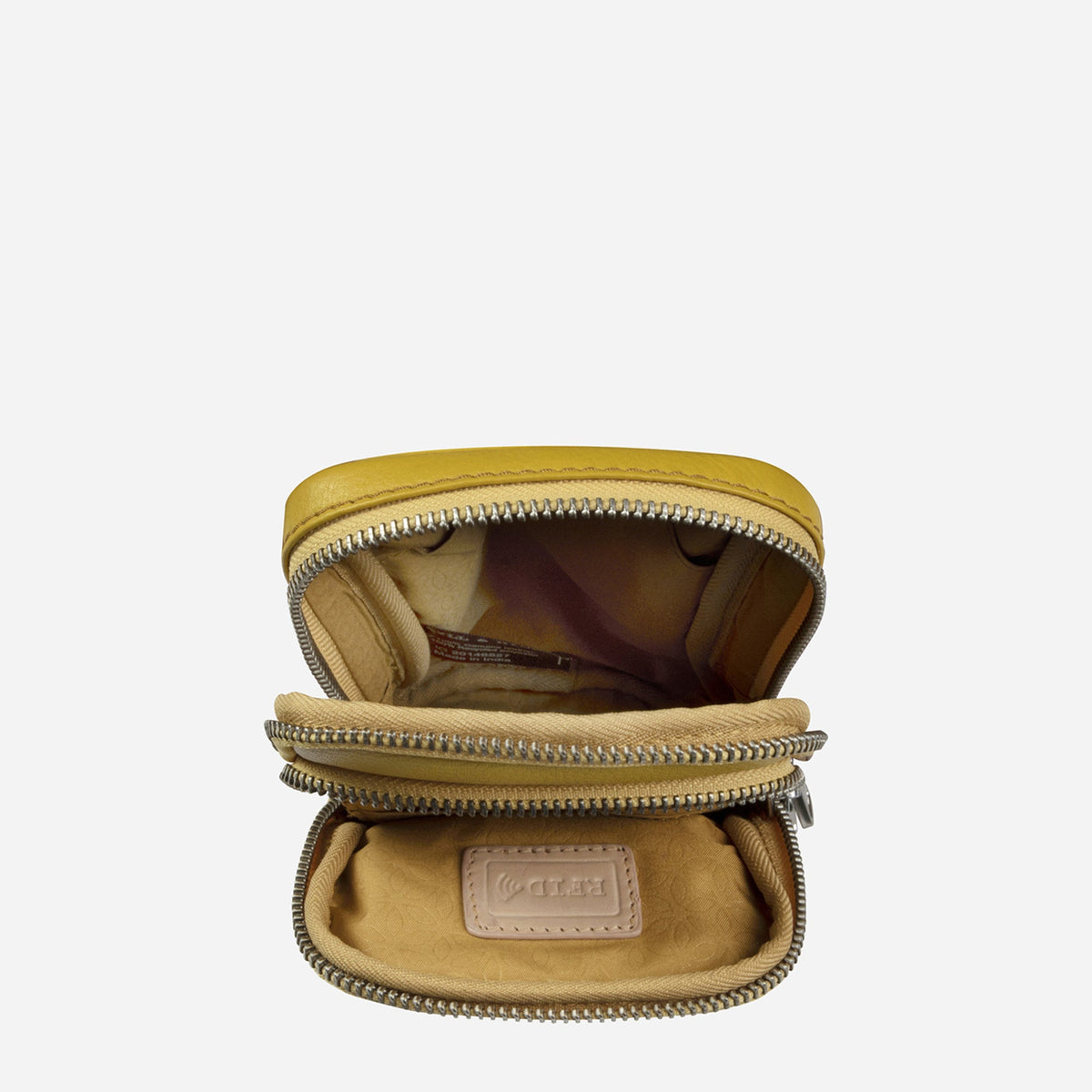 Yellow leather Sling Bag unzipped, showing the lined interior and card slots