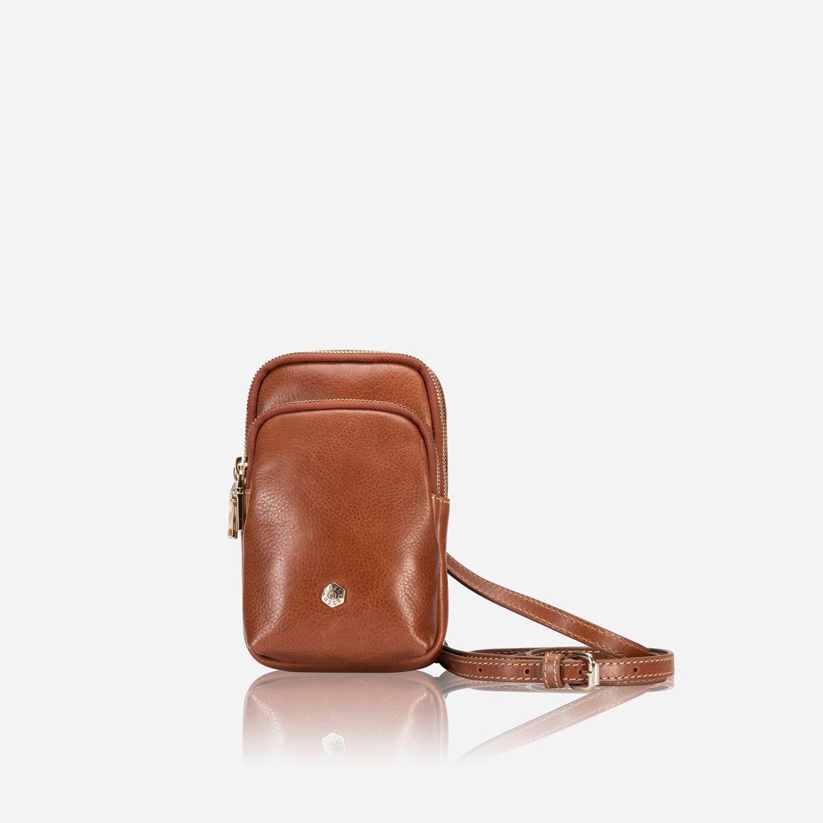 Tan leather small crossbody sling bag with adjustable strap, front view – Jekyll & Hide