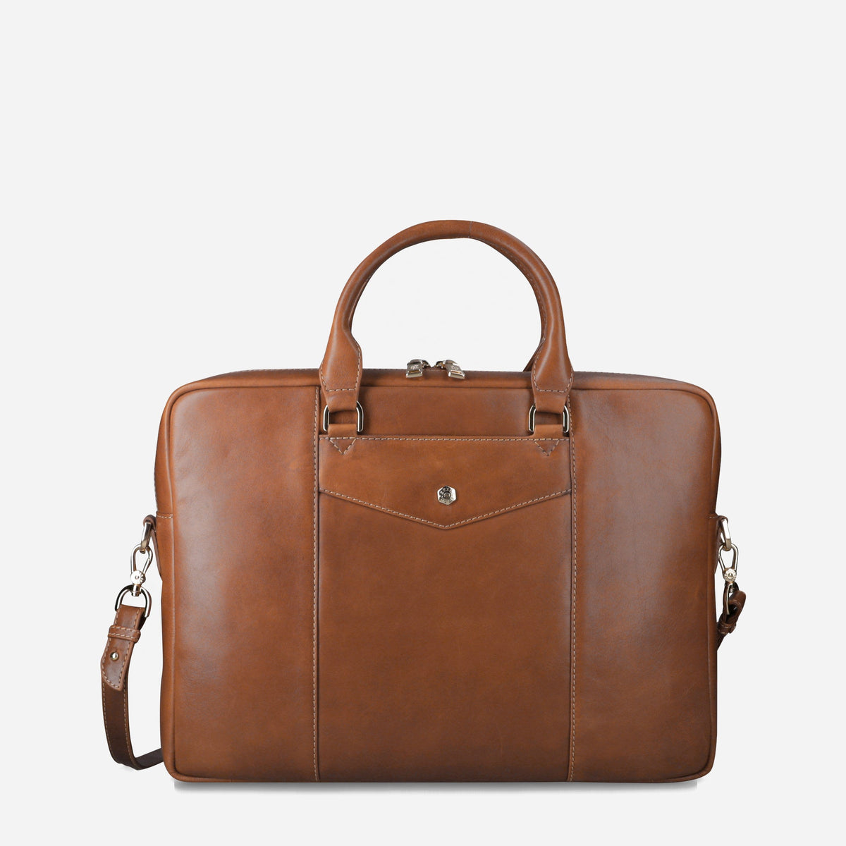 Jekyll & Hide Paris Briefcase in tan leather, front view with envelope pocket and detachable strap