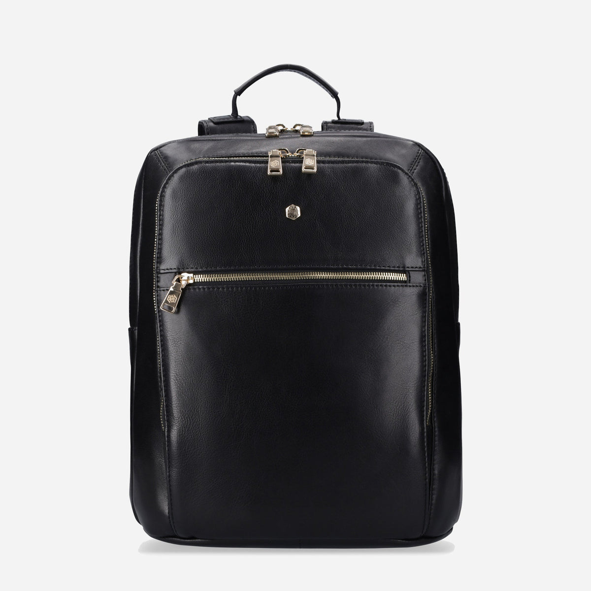 Jekyll & Hide Paris Laptop Backpack in black leather, front view with gold-tone zip pocket and top handle