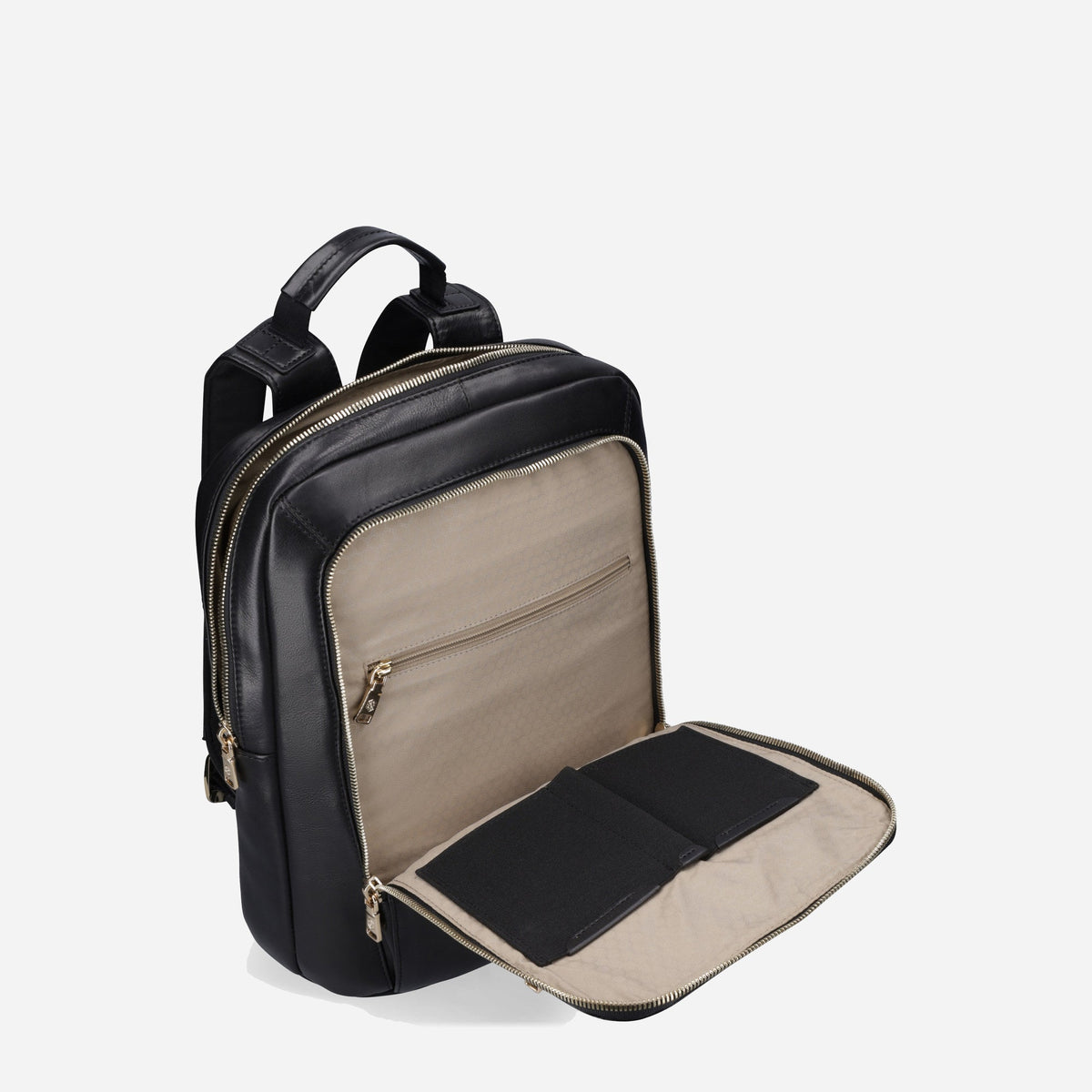 Black Paris Laptop Backpack opened flat, showing the beige lining and padded laptop sleeve