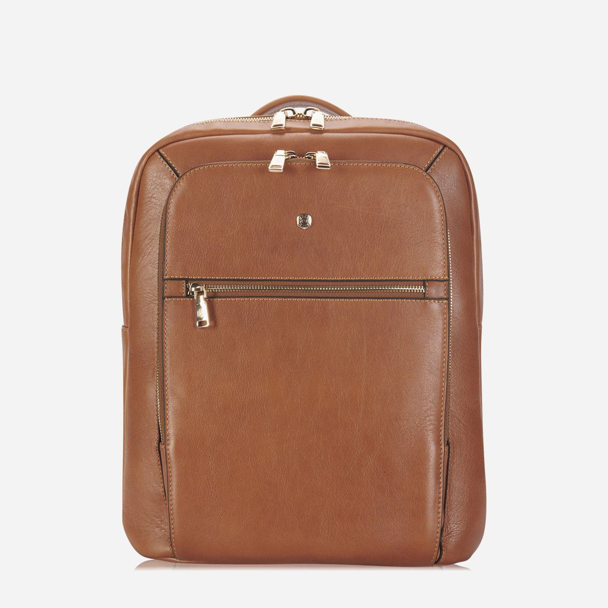 Jekyll & Hide Paris Laptop Backpack in tan leather, front view with zip pocket and logo stud