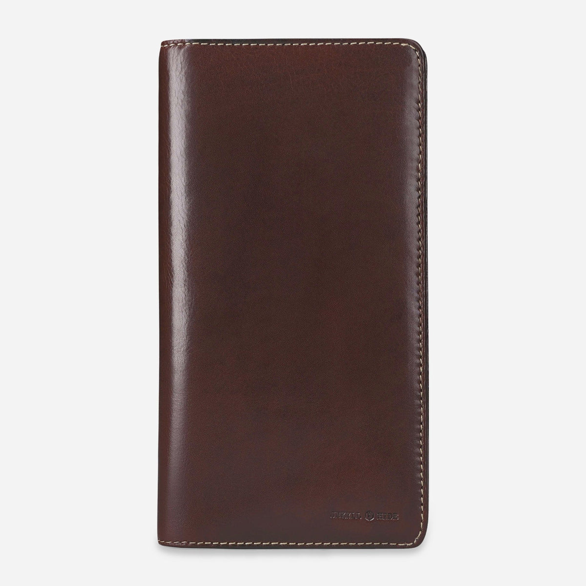 Jekyll & Hide Travel Organiser in Mocha brown leather, a slim zip-around travel wallet, front view