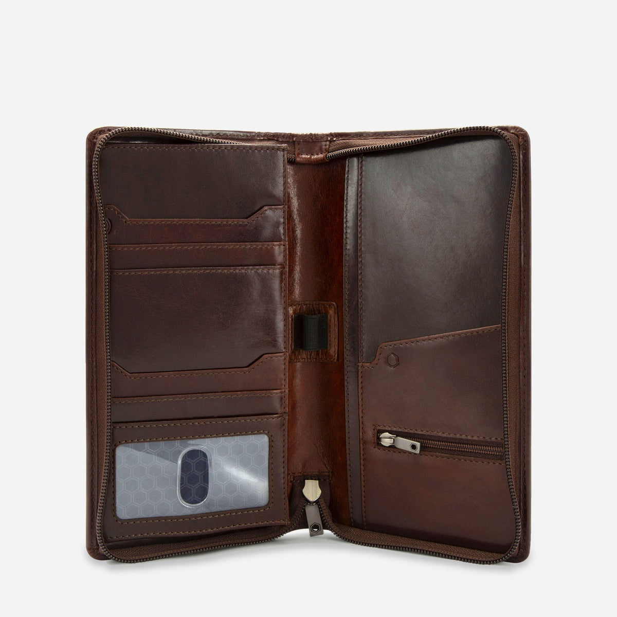 Mocha Travel Organiser open, showing the passport pocket, ID window and document sleeve