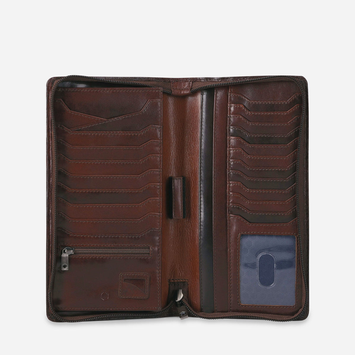 Mocha Travel Organiser open flat, showing multiple card slots, an ID window, pen loop and zip pocket