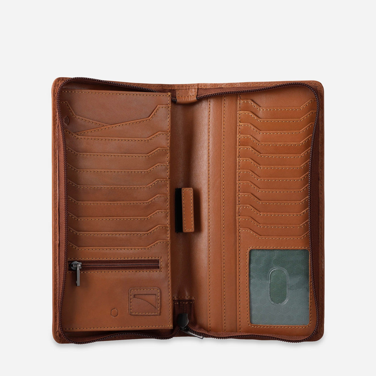 Tan Travel Organiser open flat, showing multiple card slots, an ID window, pen loop and zip pocket