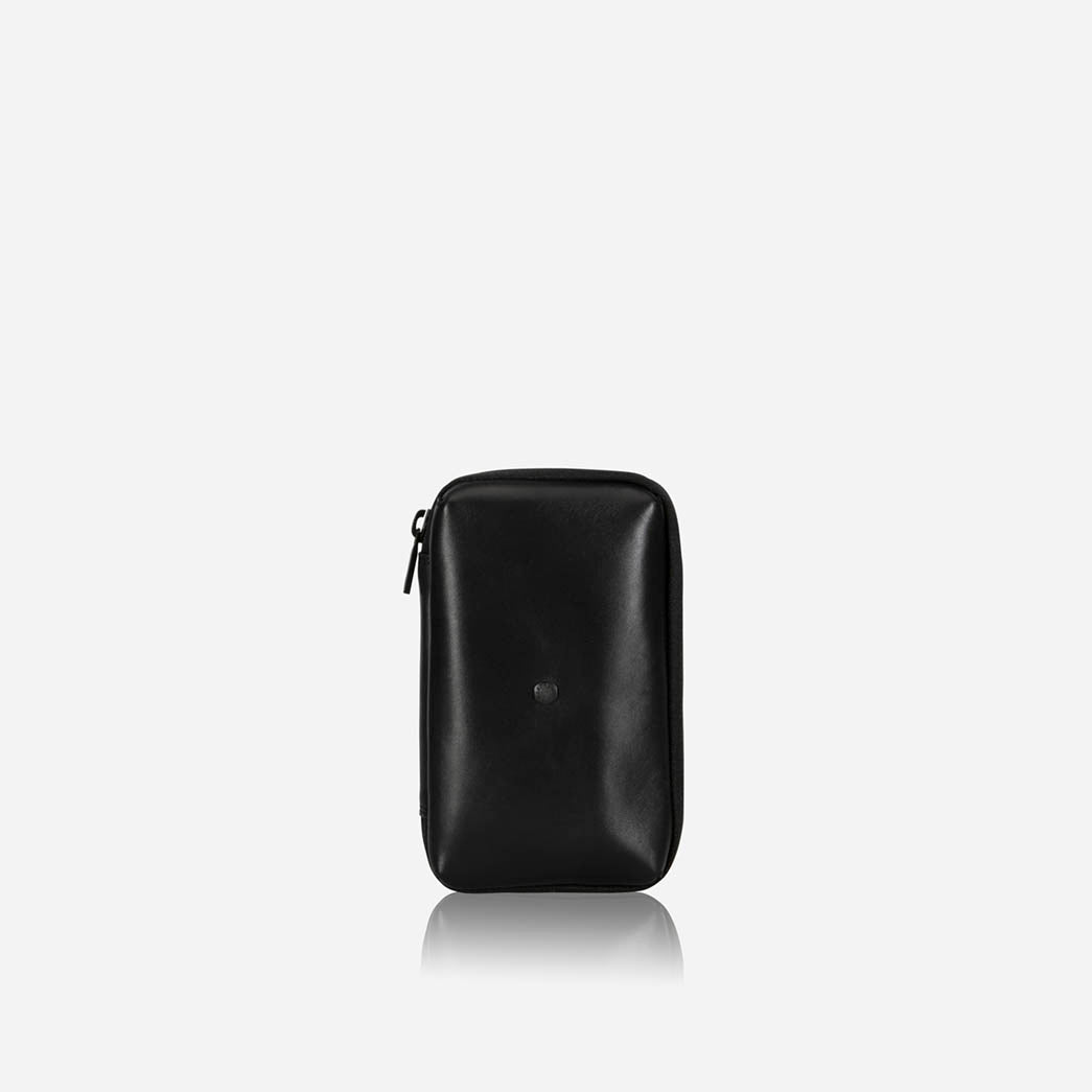 Jekyll & Hide Cable Pouch in black leather with logo stud, front view