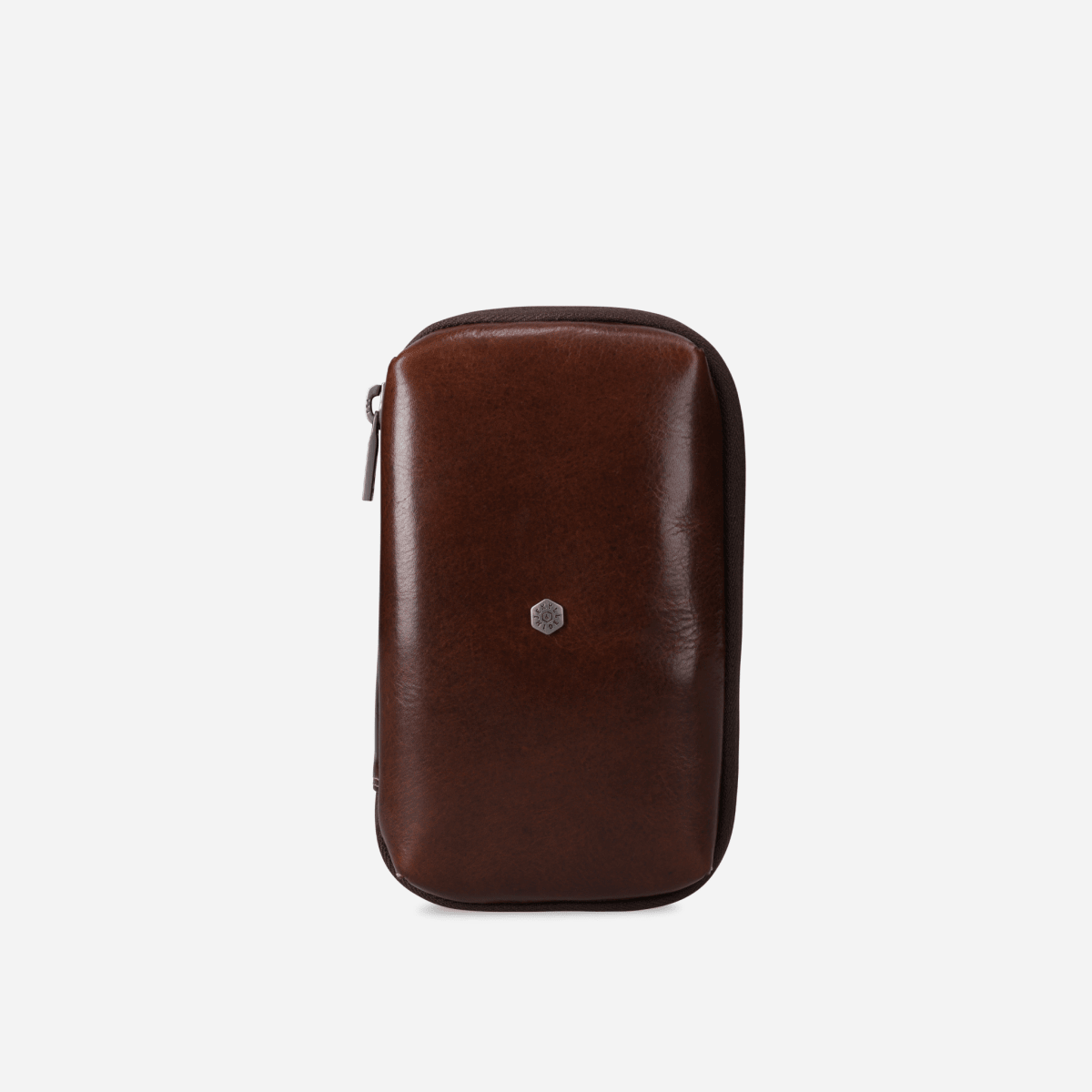 Jekyll & Hide Cable Pouch in Mocha brown leather, a zip-around tech organiser, front view