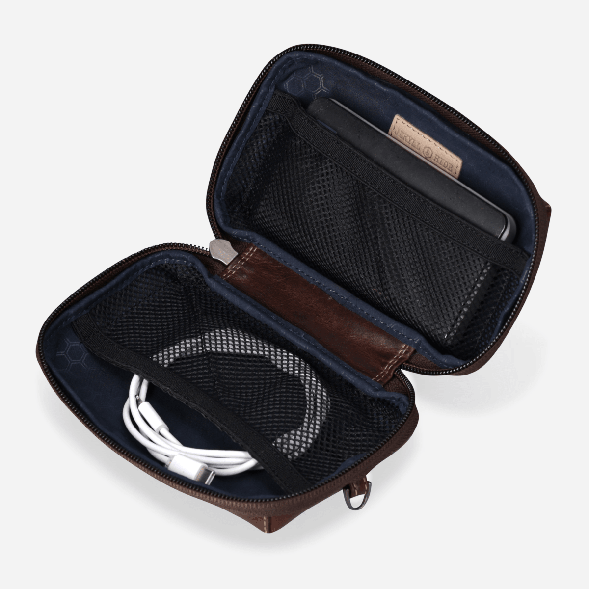 Mocha Cable Pouch open, holding a charging cable and power bank in mesh pockets