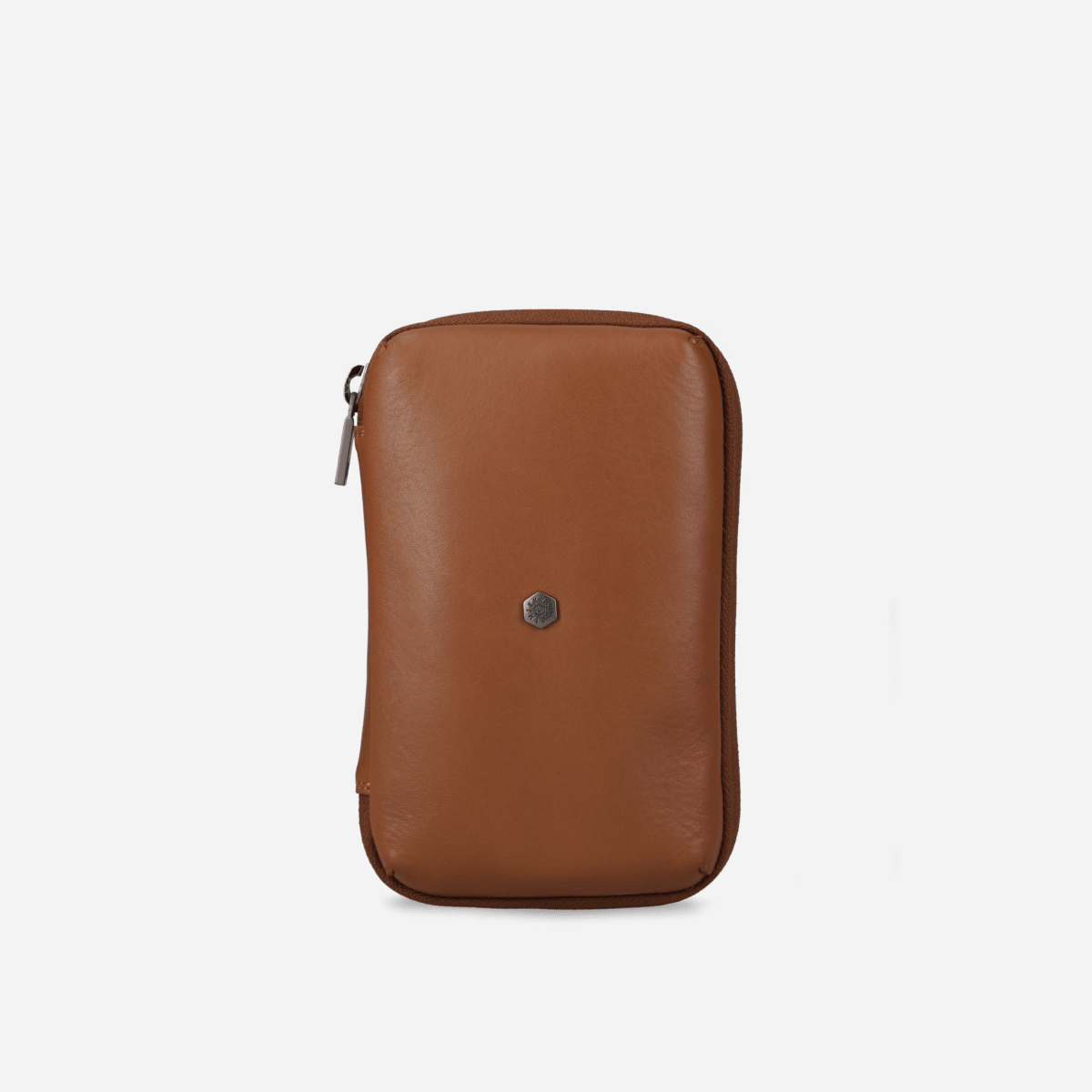 Jekyll & Hide Cable Pouch in tan leather with logo stud, front view