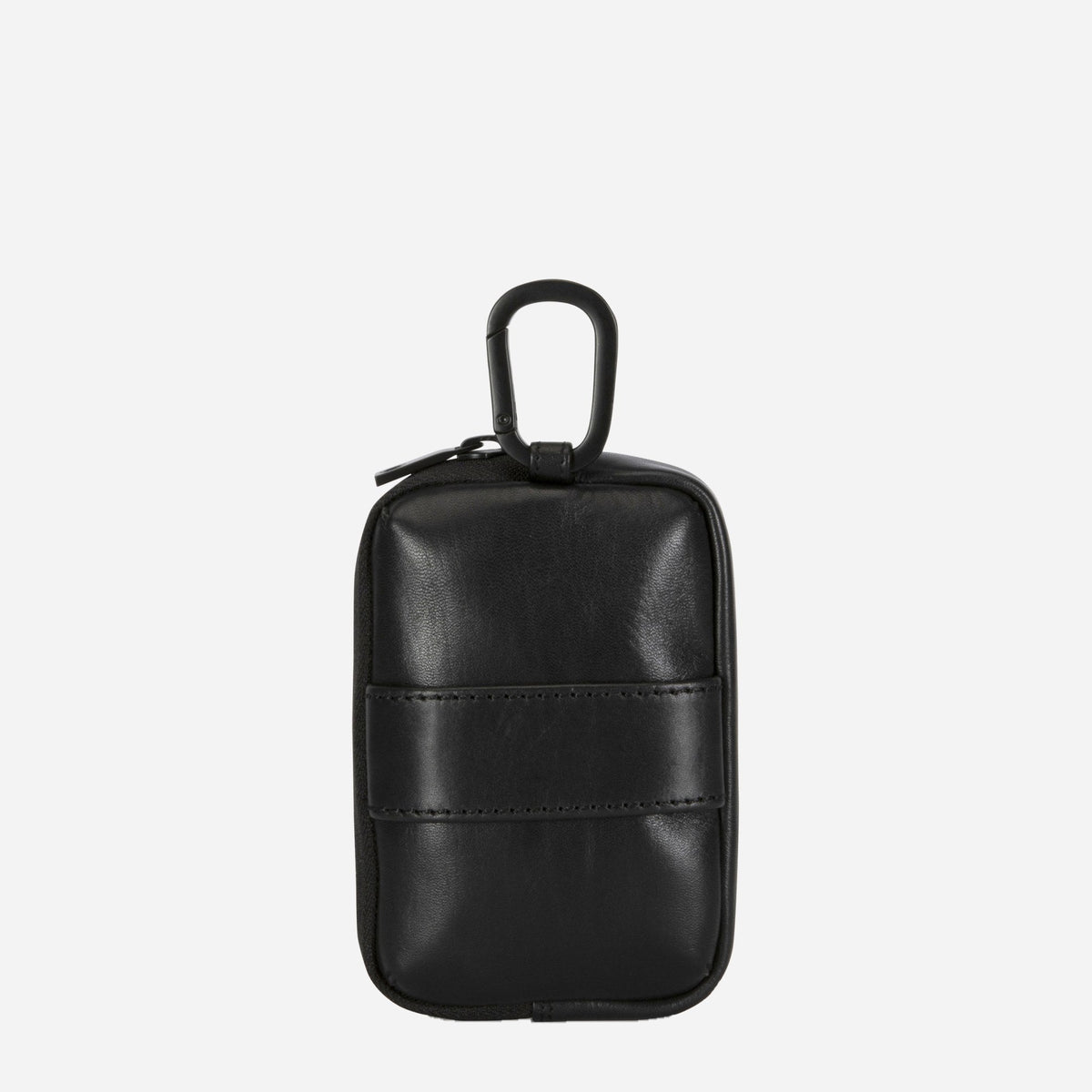Three-quarter view of the black leather Men's Utility Pouch with its metal clip