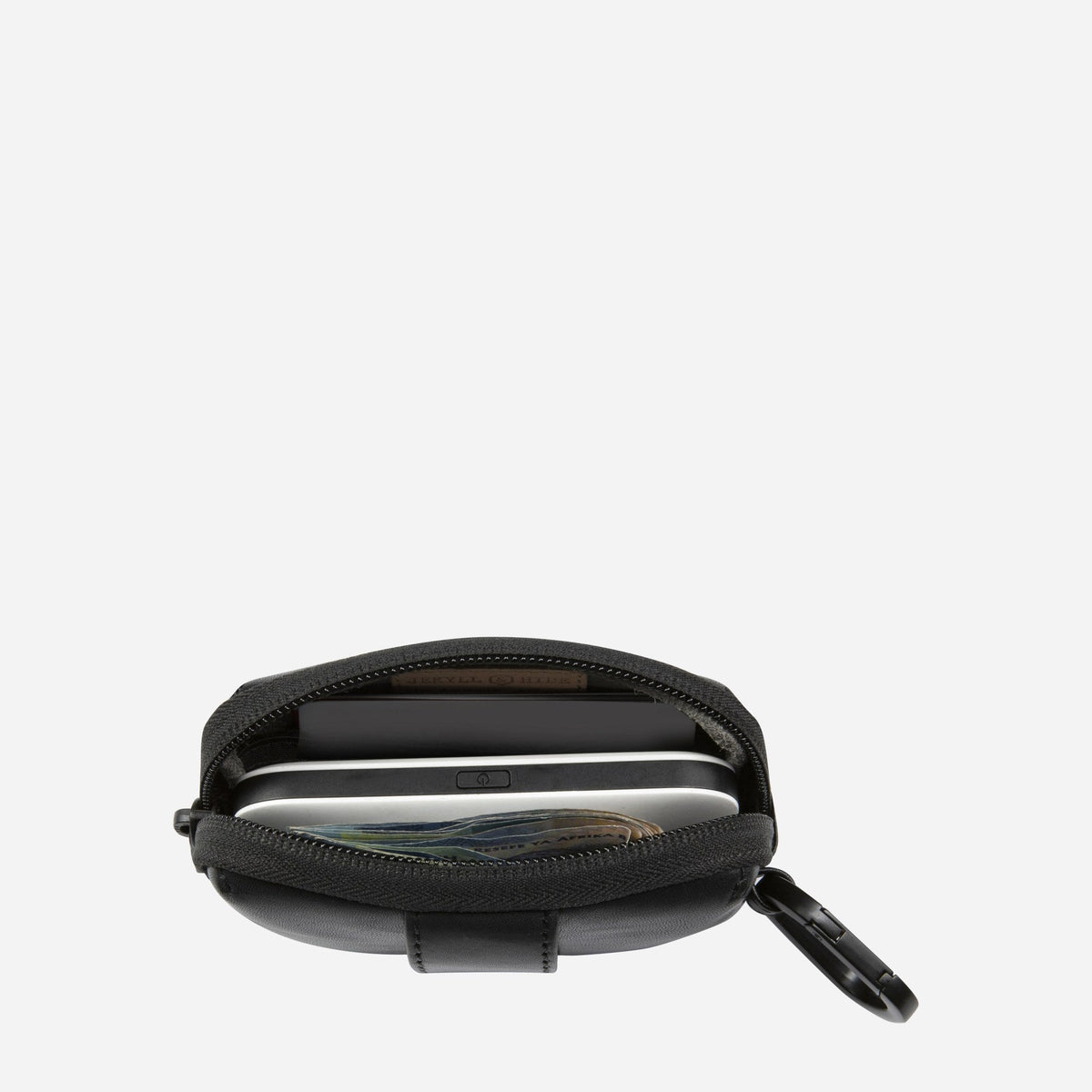 Black Men's Utility Pouch unzipped, showing the lined interior with cables and cards