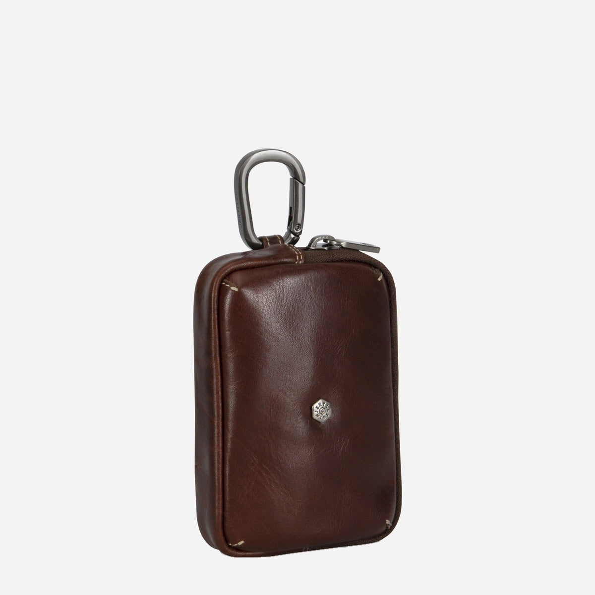 Three-quarter view of the Mocha leather Men's Utility Pouch with its metal clip