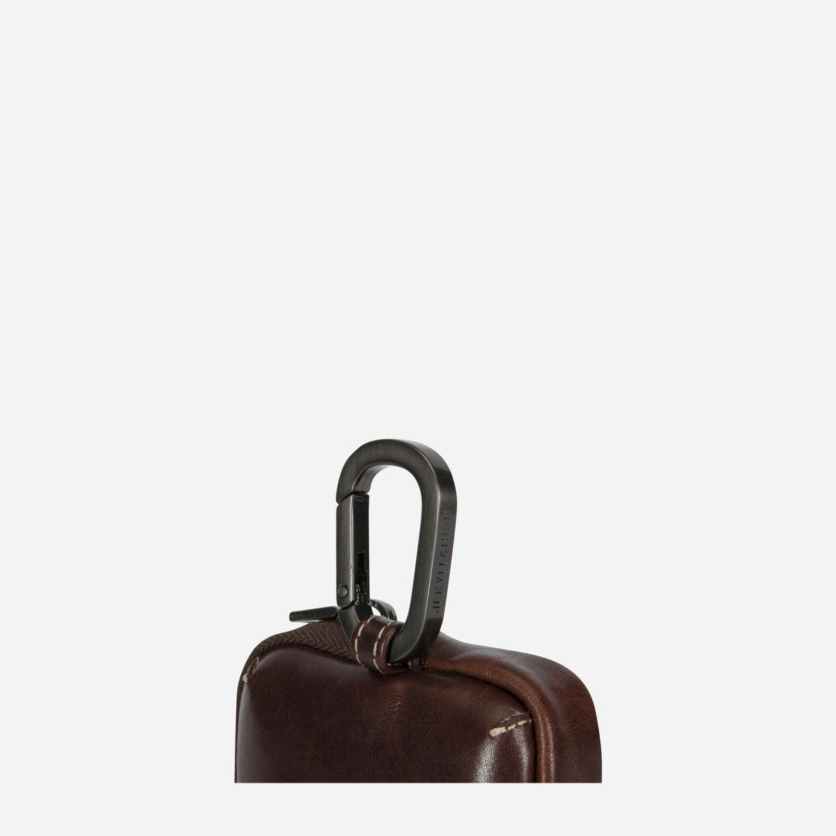 Close-up of the Mocha Men's Utility Pouch metal clip and leather loop