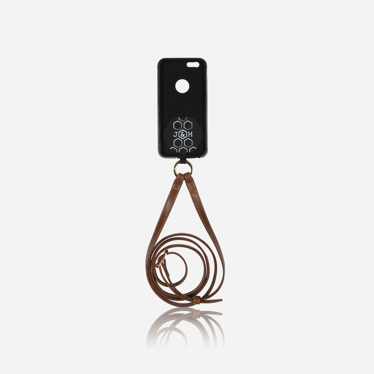 Jekyll & Hide Cellphone Strap Set in tan, a braided leather lanyard strap attached to a black phone case