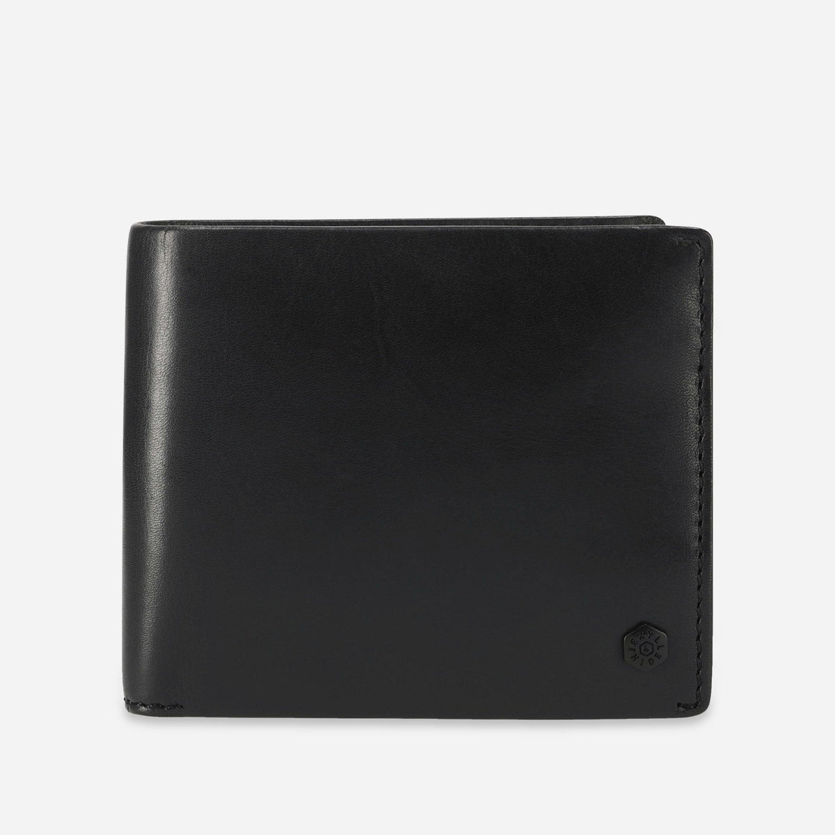 Jekyll & Hide Wallet With Coin in black leather, front view with tonal hexagonal logo