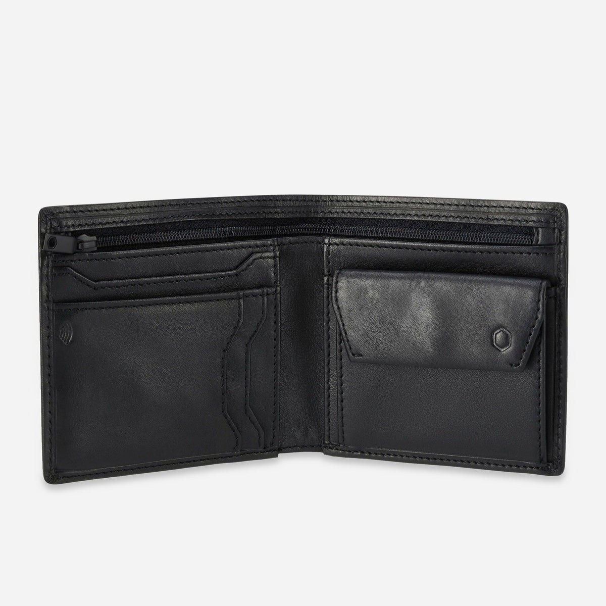 Black leather Wallet With Coin open flat, showing card slots, zip pocket and press-stud coin pocket