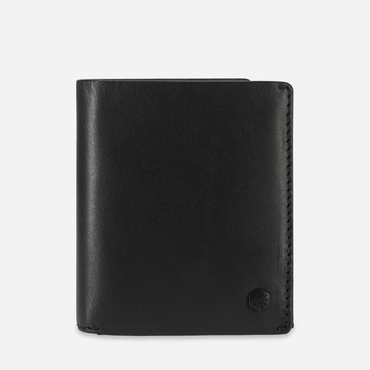 Jekyll & Hide Wallet with ID Window in black leather, front view with tonal logo