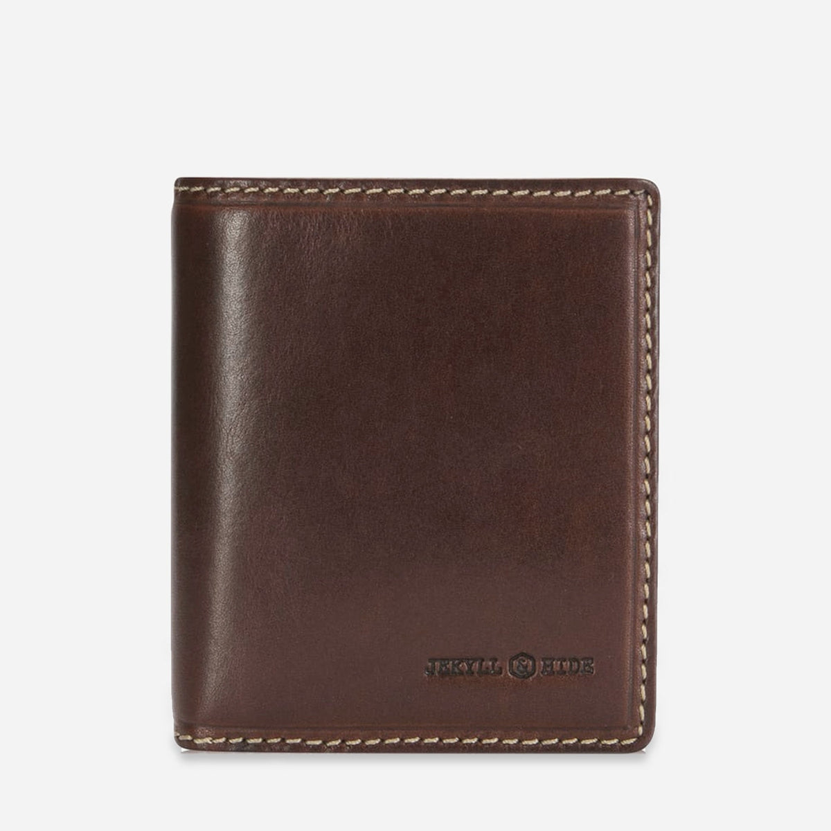 Jekyll & Hide Wallet with ID Window in Mocha brown leather, a portrait bifold with contrast stitching