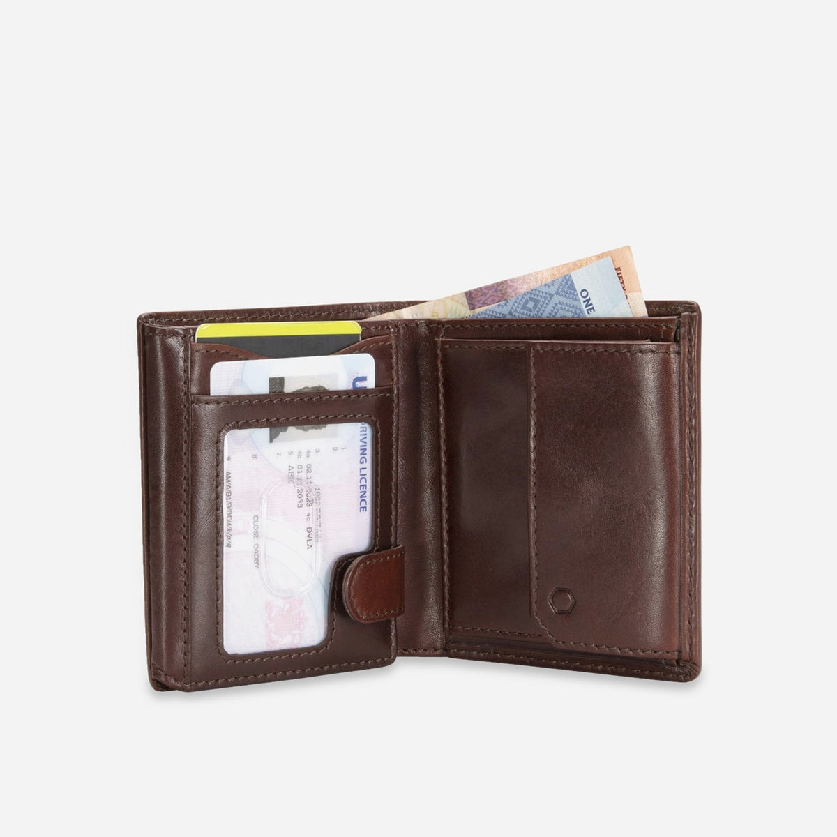 Mocha Wallet with ID Window open with cards and notes, showing the flip-out ID window