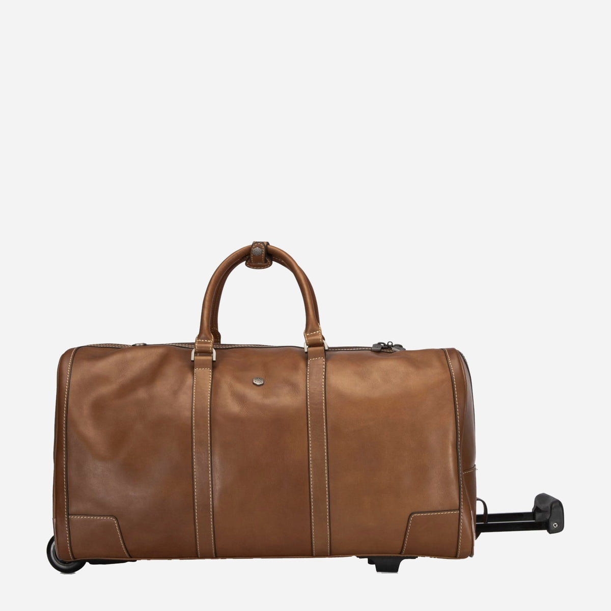 Jekyll & Hide Wheeled Weekender in Colt tan leather, front view with carry handles and retracted trolley
