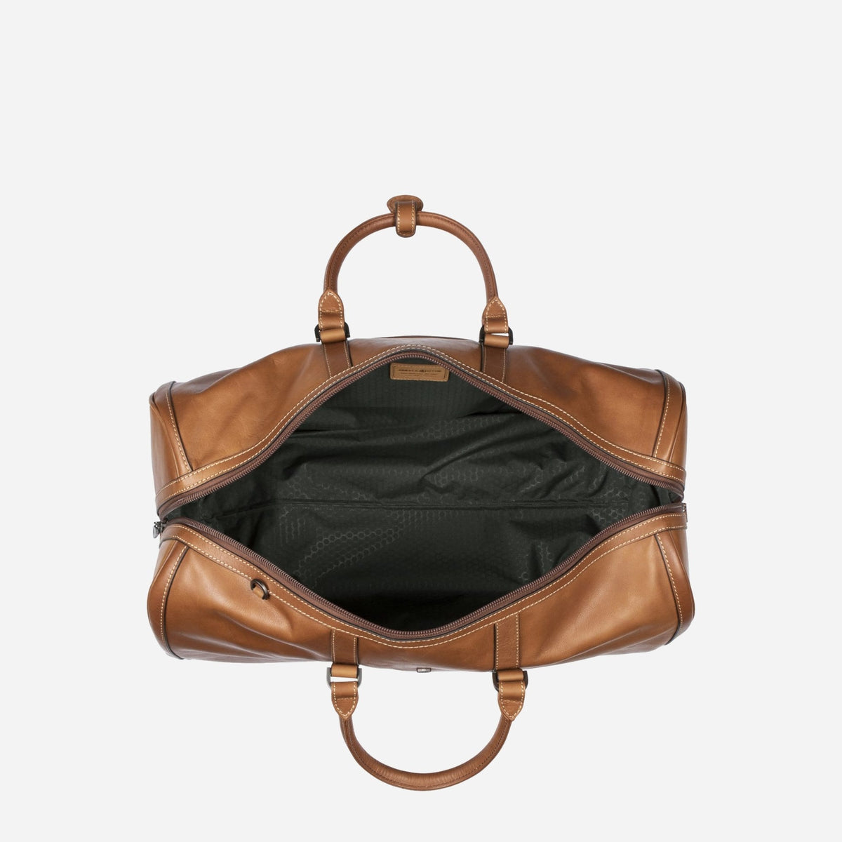 Colt tan leather Wheeled Weekender unzipped from above, showing the dark green lining
