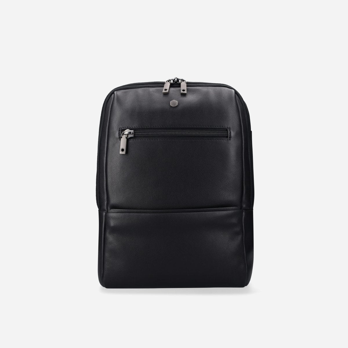 Black full-grain leather laptop backpack with front zip pocket, front view – Jekyll & Hide
