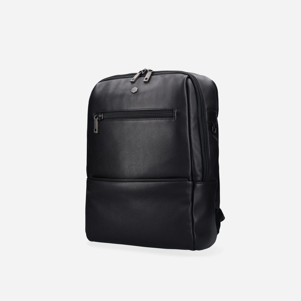 Three-quarter view of the black leather laptop backpack – Jekyll & Hide