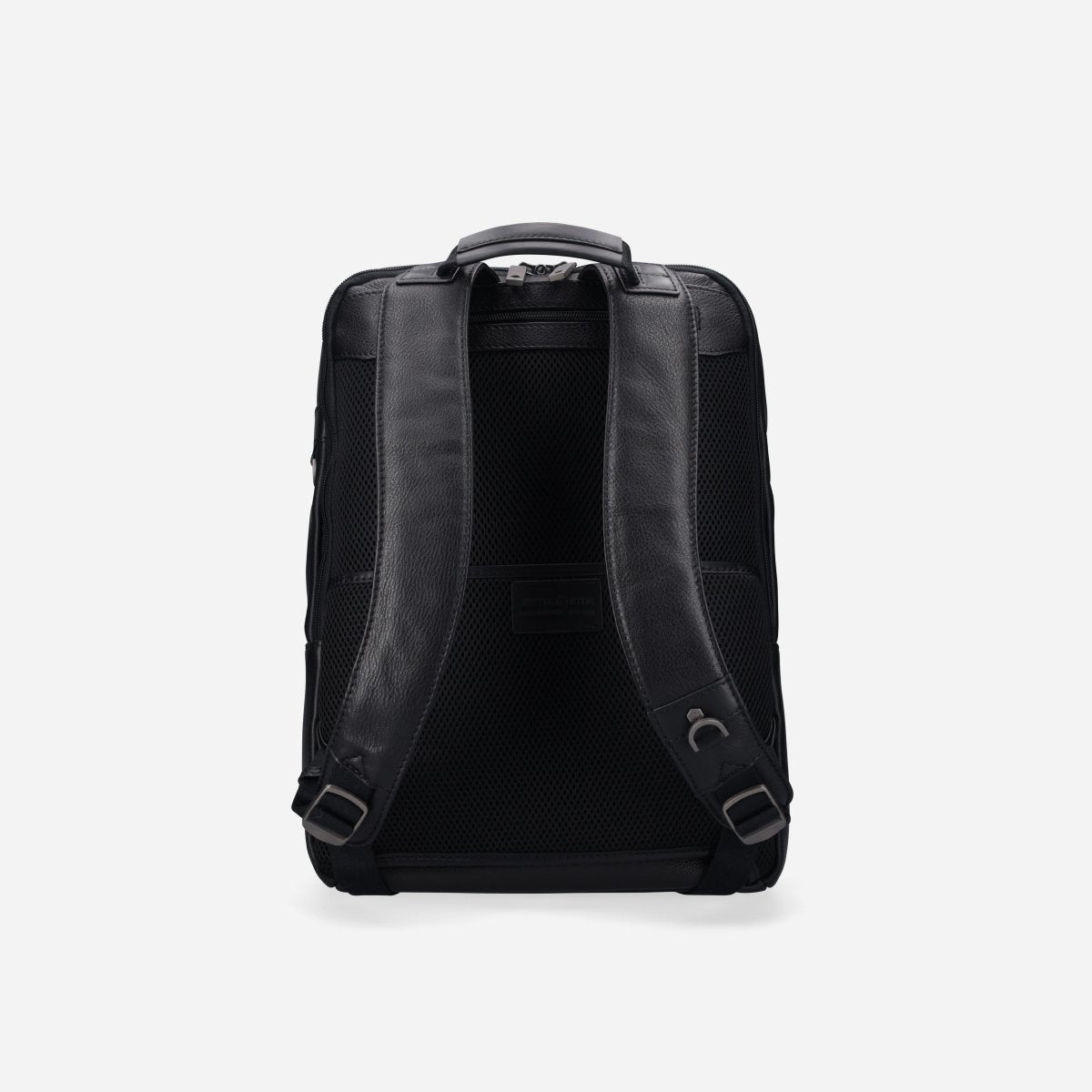 Back view of the black leather laptop backpack showing the padded mesh straps – Jekyll & Hide