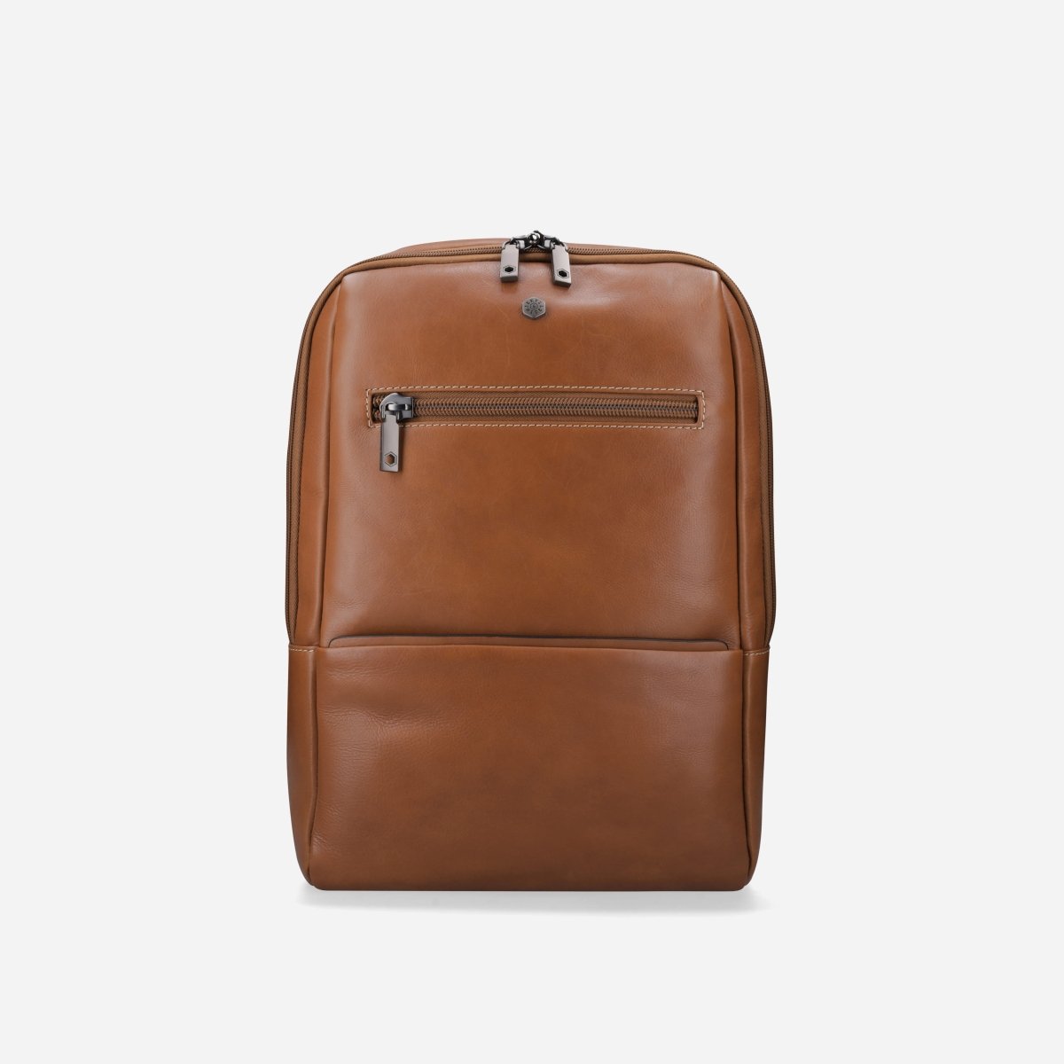 Tan full-grain leather laptop backpack with front zip pocket, front view – Jekyll & Hide