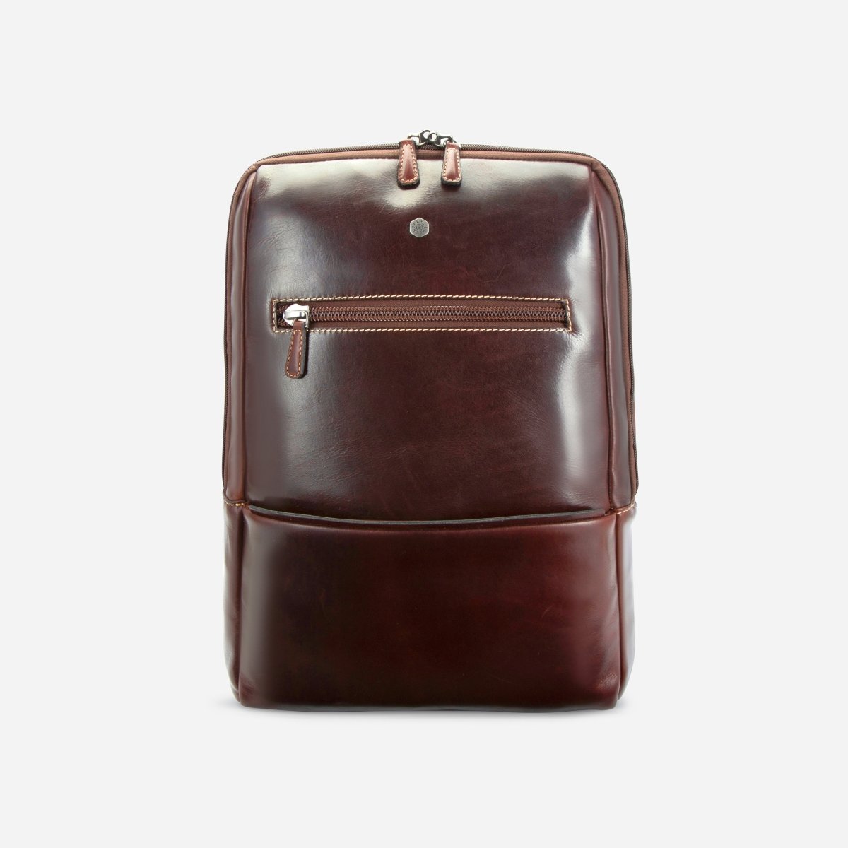 Dark brown leather laptop backpack with front zip pocket, front view – Jekyll & Hide