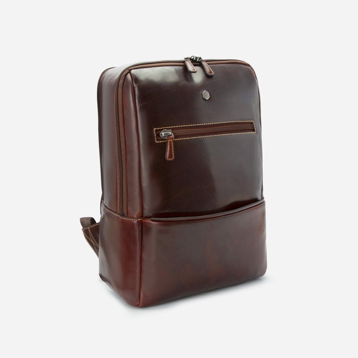 Three-quarter view of the dark brown leather laptop backpack – Jekyll & Hide