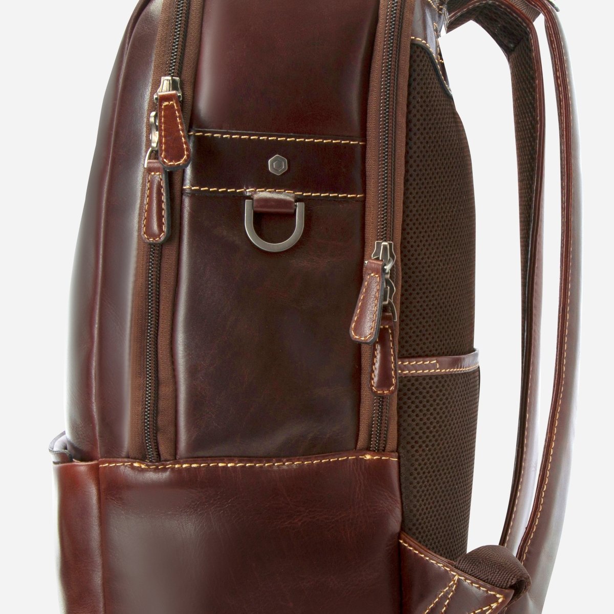Side view of the dark brown leather laptop backpack with D-ring and side zip pocket – Jekyll & Hide
