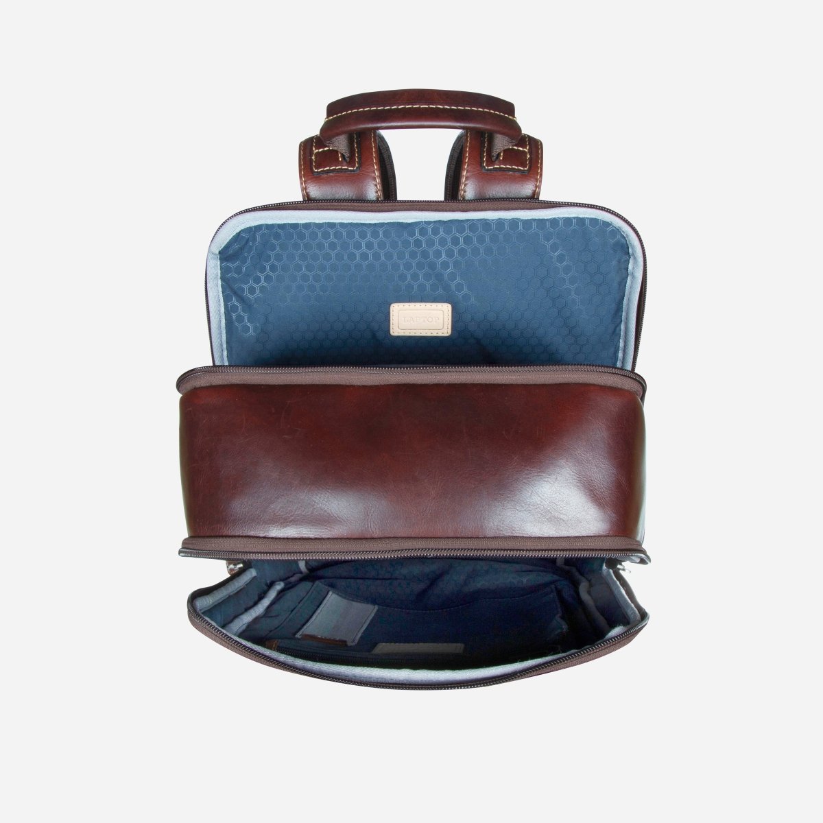 Dark brown leather laptop backpack with the front pocket open, showing the navy lining – Jekyll & Hide