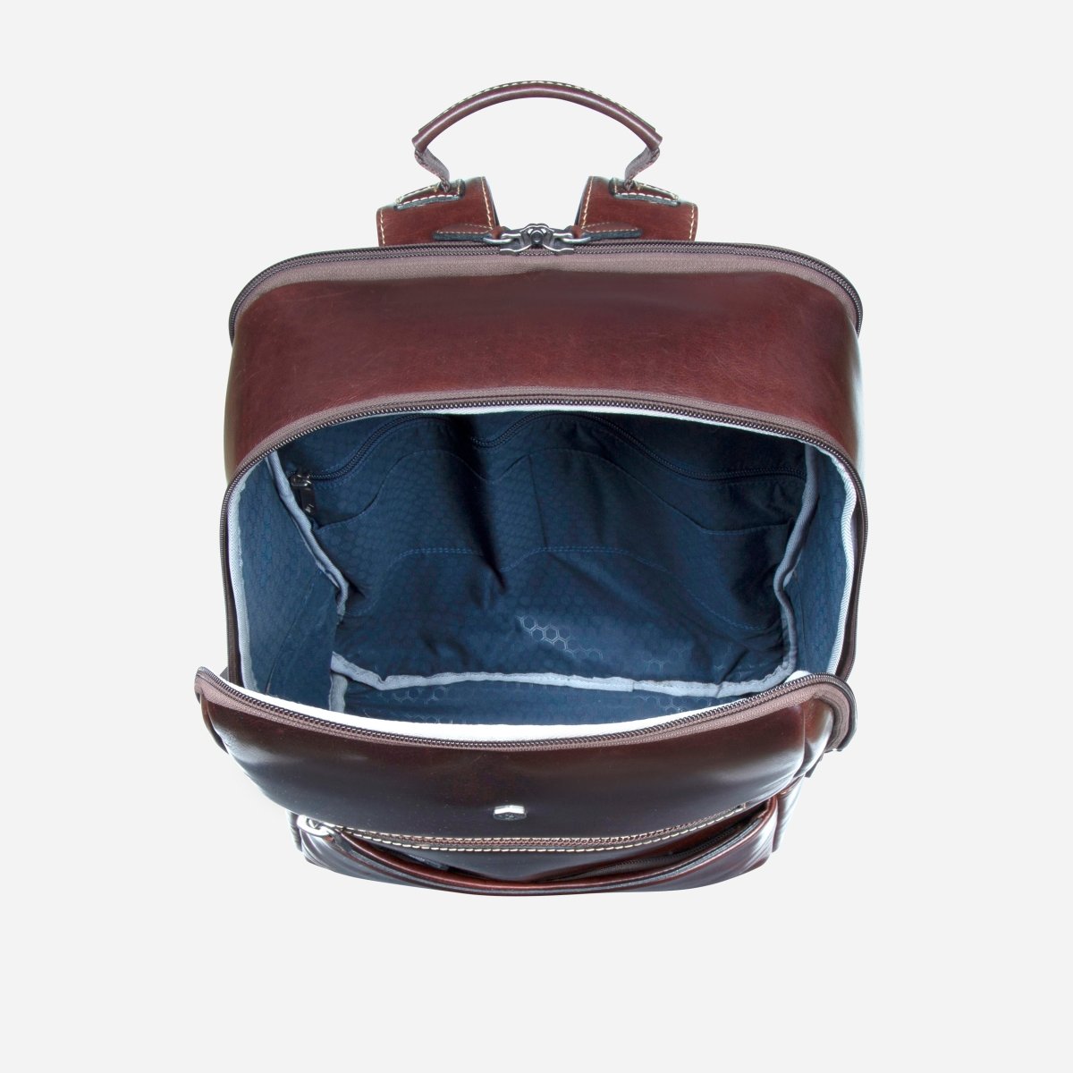 Dark brown leather laptop backpack opened to show the navy-lined main compartment – Jekyll & Hide