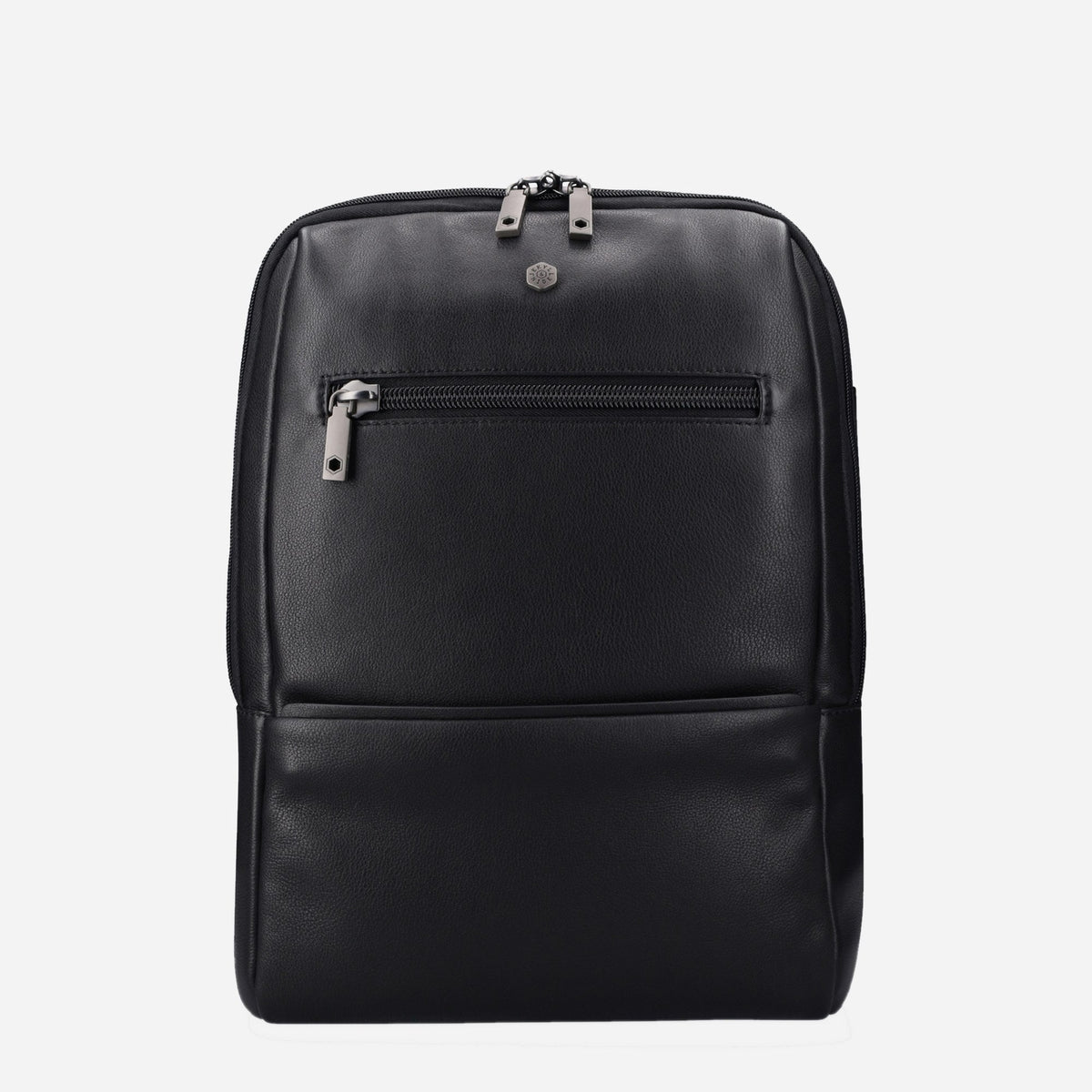 Jekyll & Hide Laptop Backpack in black leather, front view with zip pocket and top handle