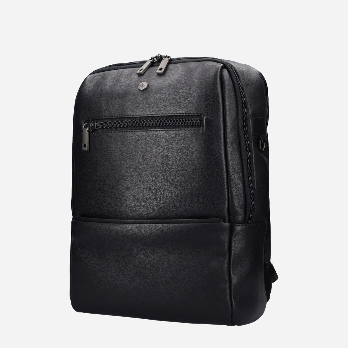 Three-quarter view of the black leather Laptop Backpack