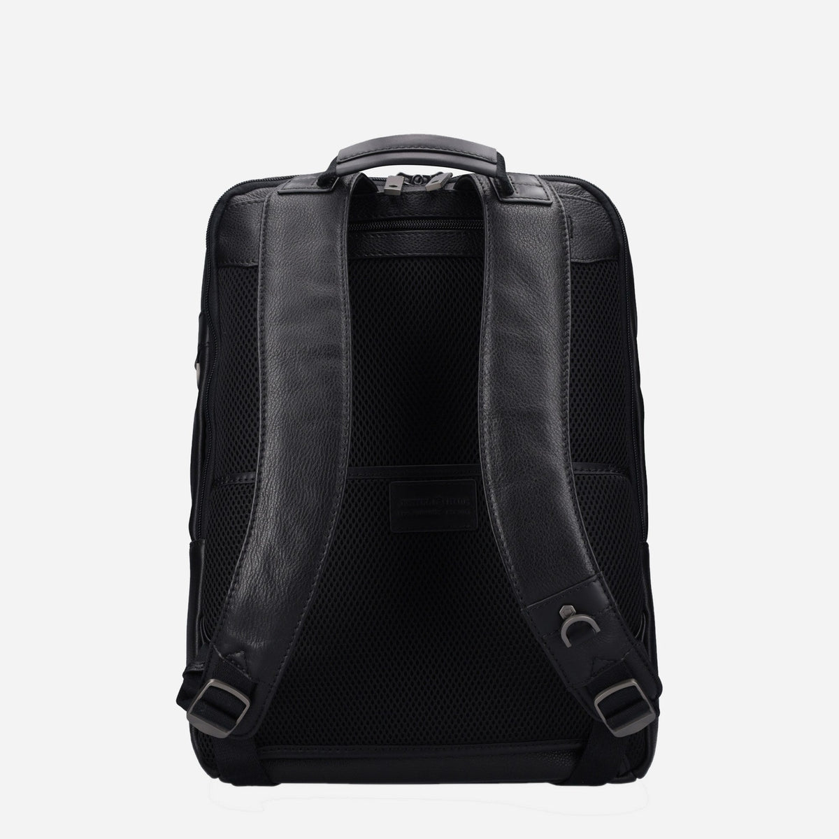 Back of the black Laptop Backpack with padded shoulder straps and mesh panel