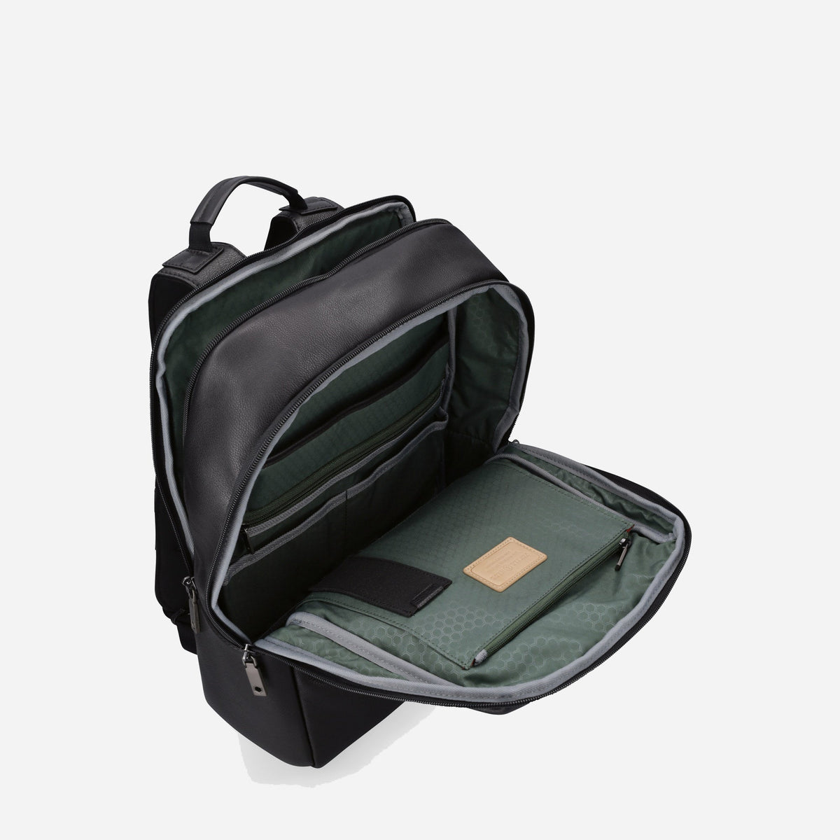 Black Laptop Backpack unzipped, showing the sage green padded laptop section