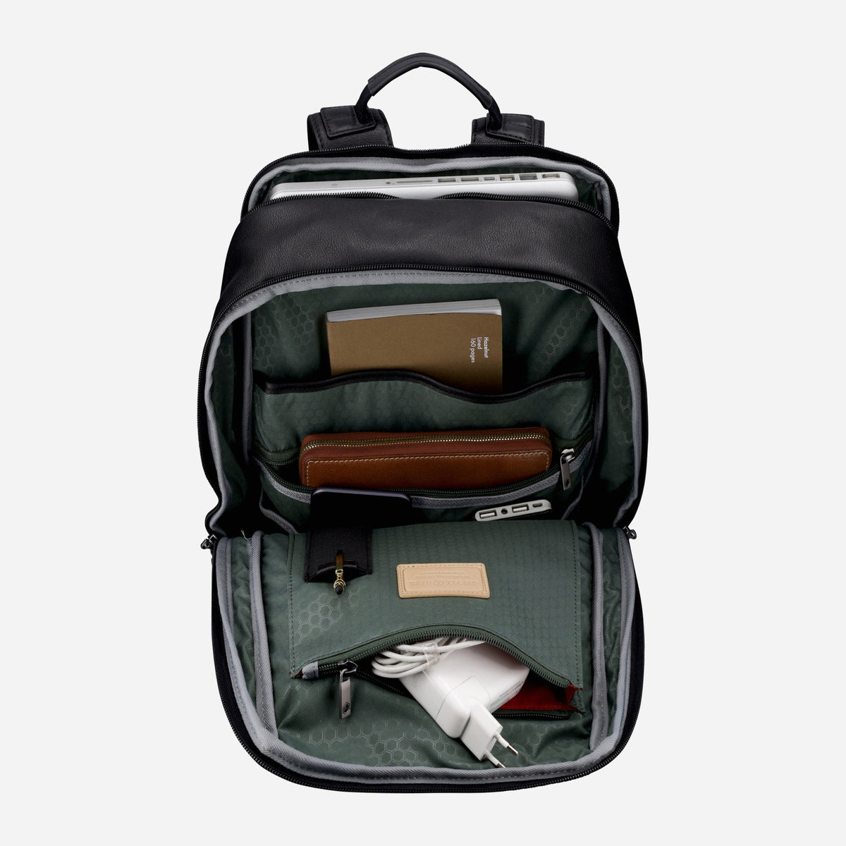 Black Laptop Backpack opened out with a notebook, wallet and charger in its sage green organiser