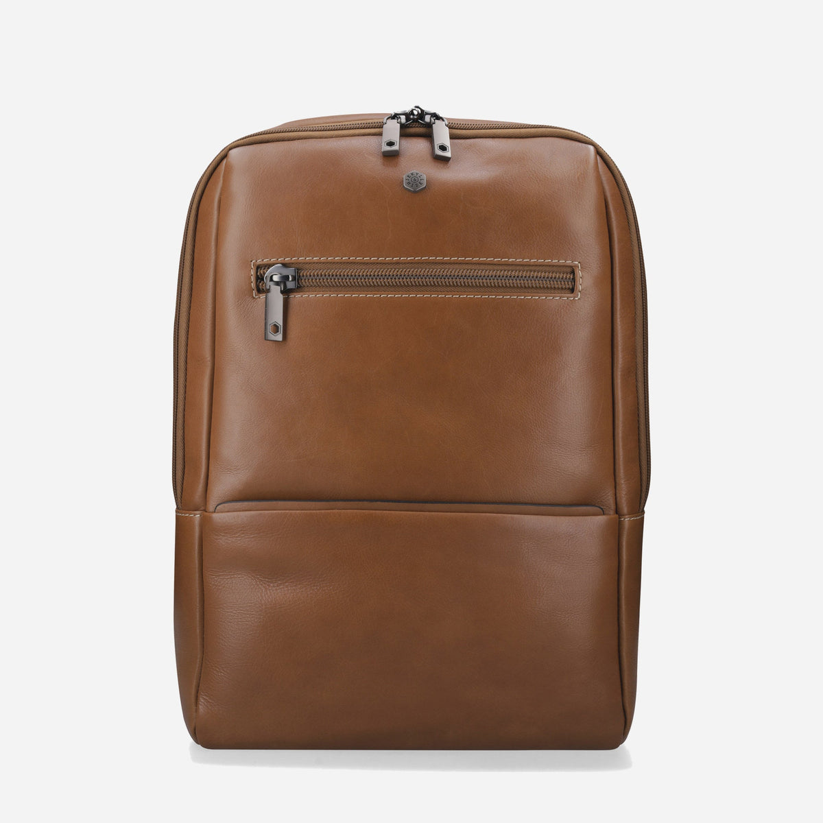 Jekyll & Hide Laptop Backpack in Colt tan leather, front view with zip pocket and top handle