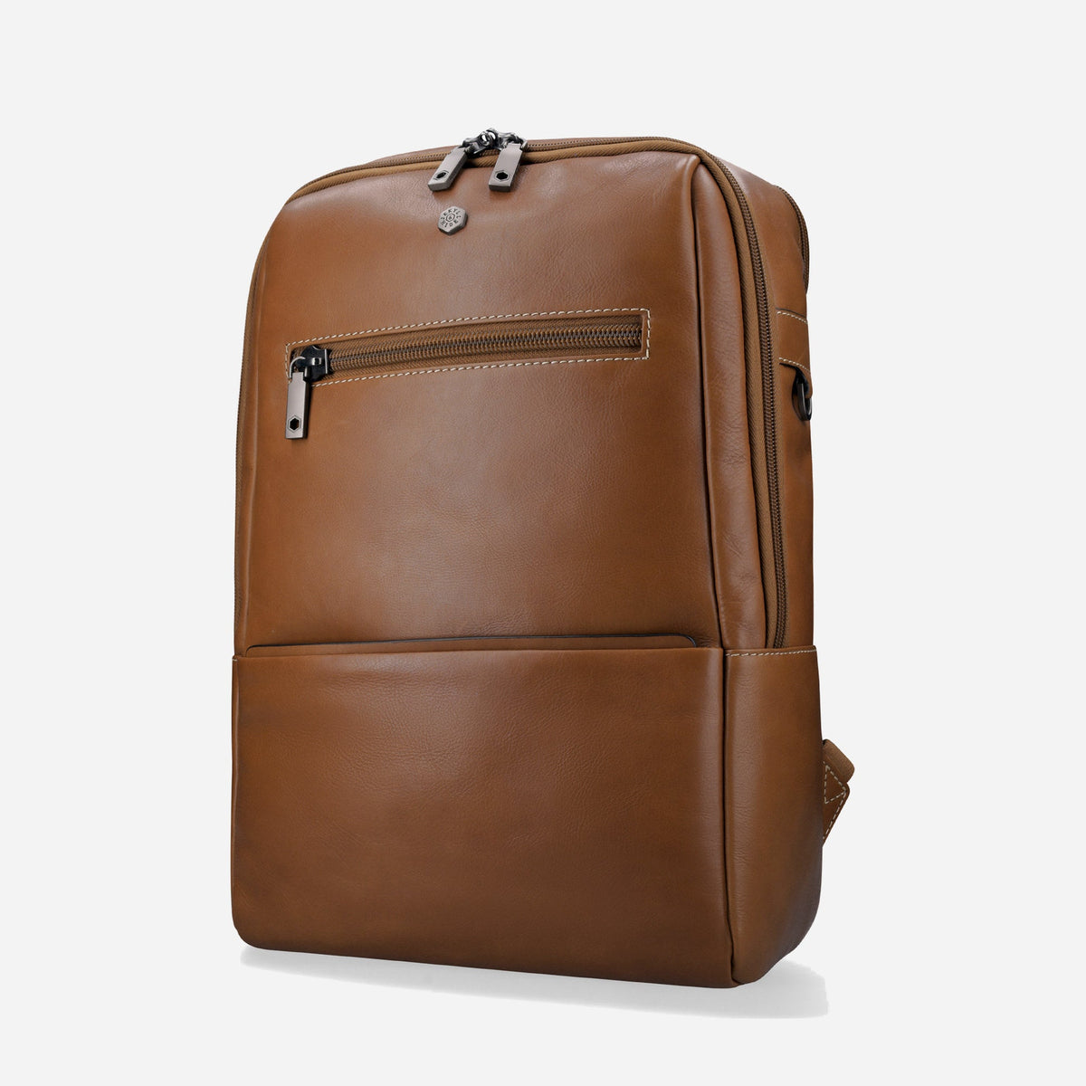 Three-quarter view of the Colt tan leather Laptop Backpack