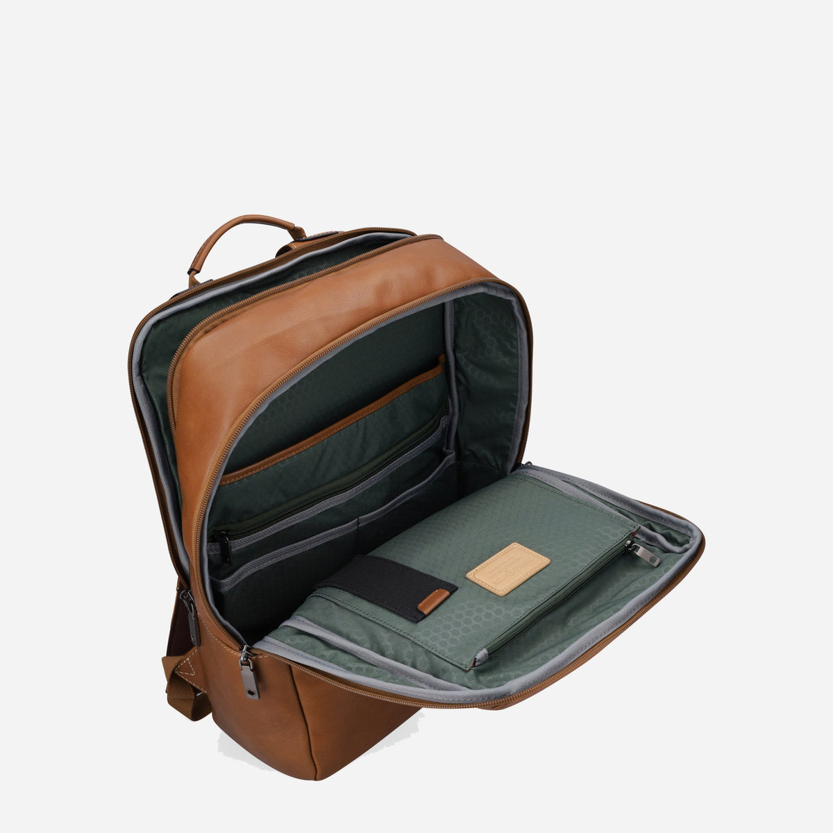 Colt Laptop Backpack unzipped, showing the sage green padded laptop section