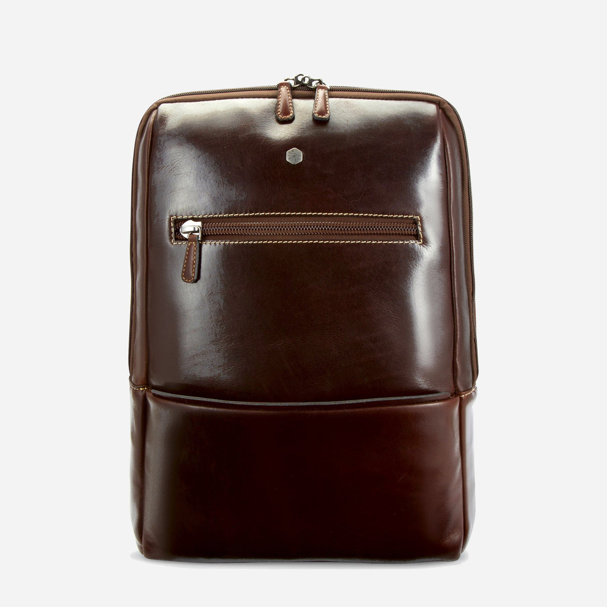 Jekyll & Hide Laptop Backpack in Mocha brown leather, front view with zip pocket and top handle
