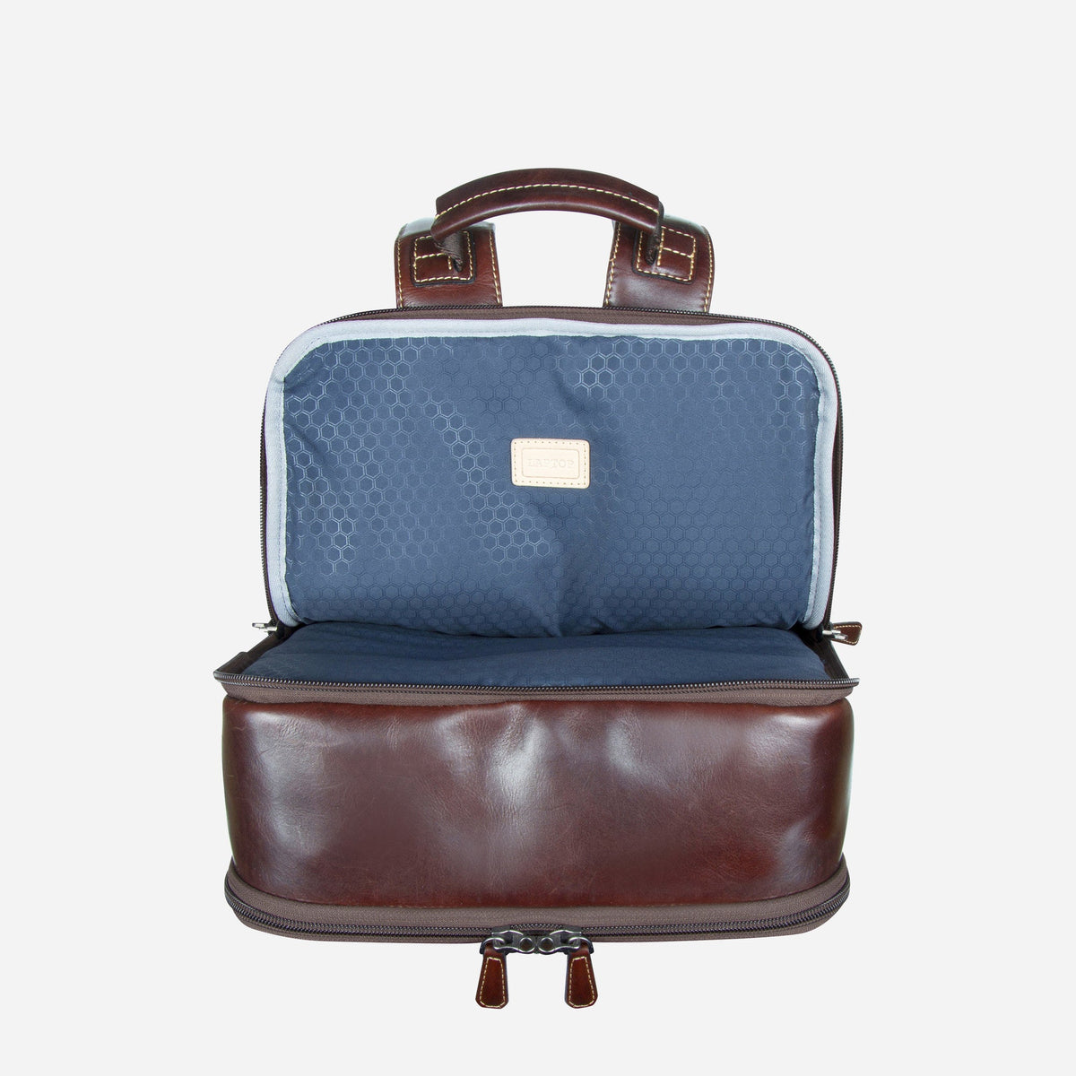 Mocha Laptop Backpack opened out, showing the blue patterned lining and laptop section