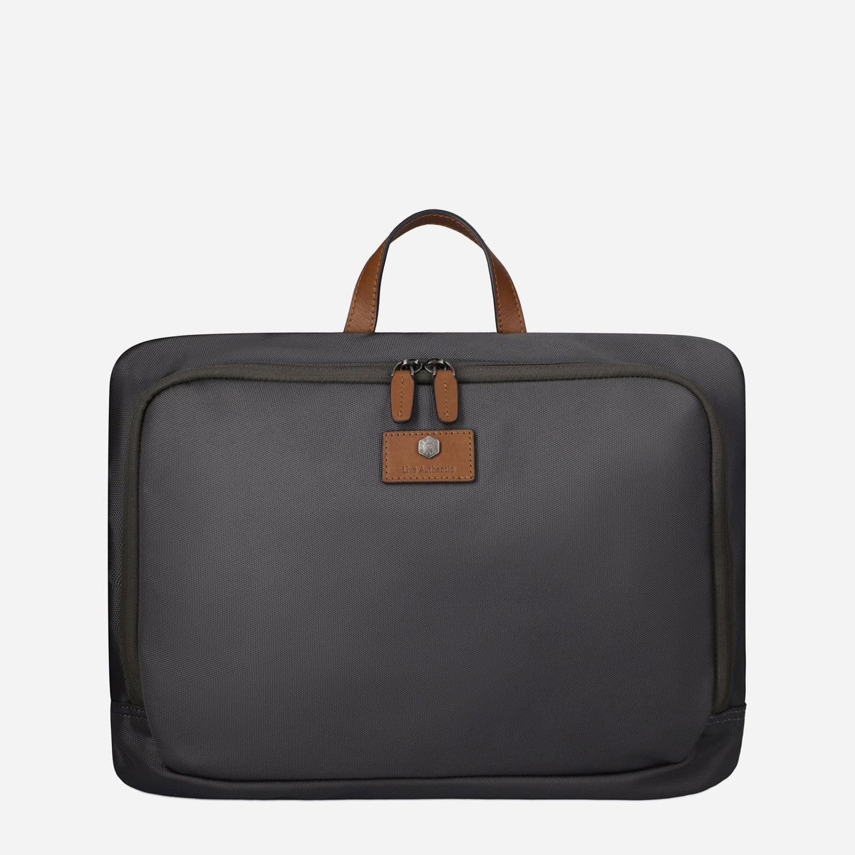 Jekyll & Hide Shirt & Laundry Bag in grey with tan leather handles, front view