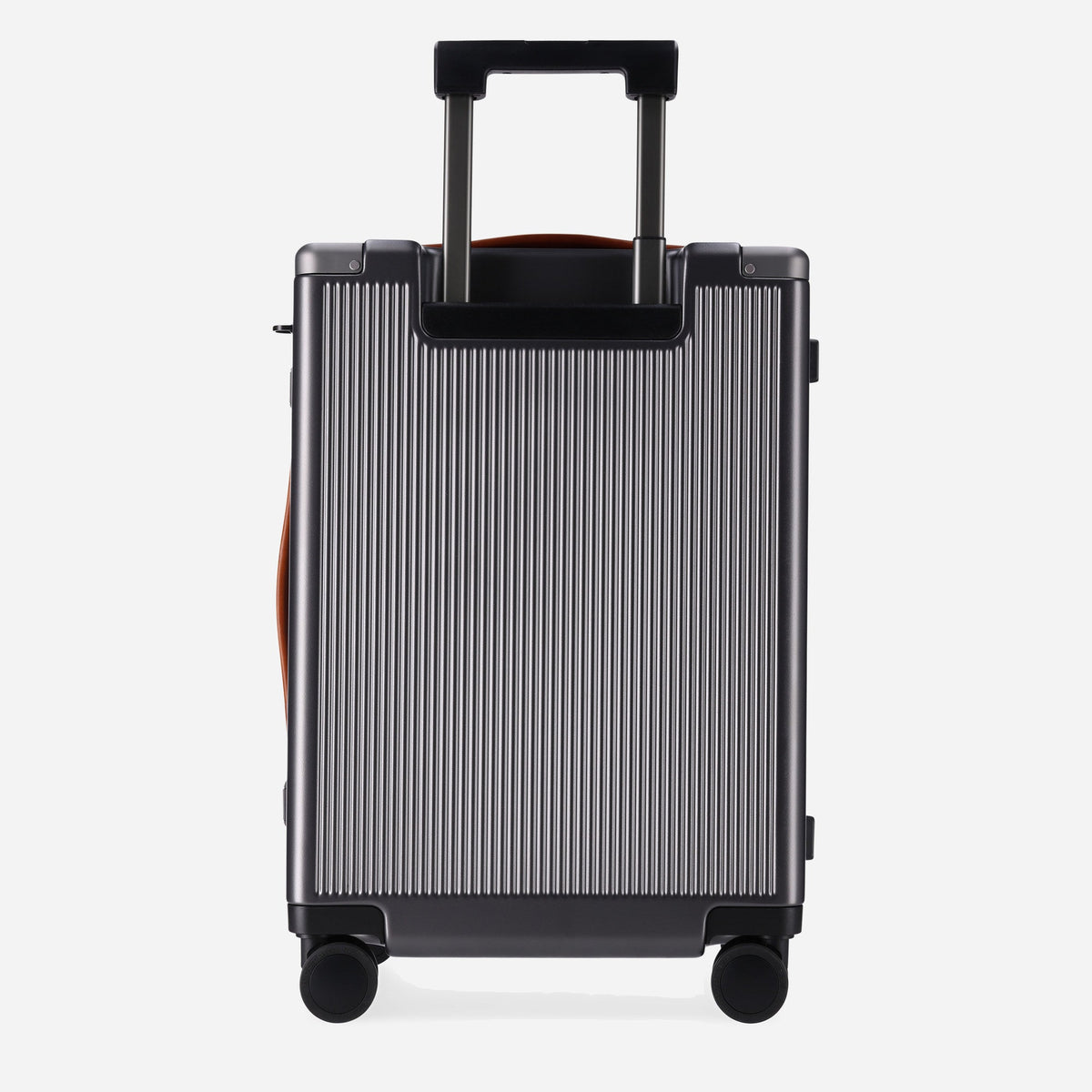 Back of the Colt Carry-on suitcase with trolley handle and tan leather side handle